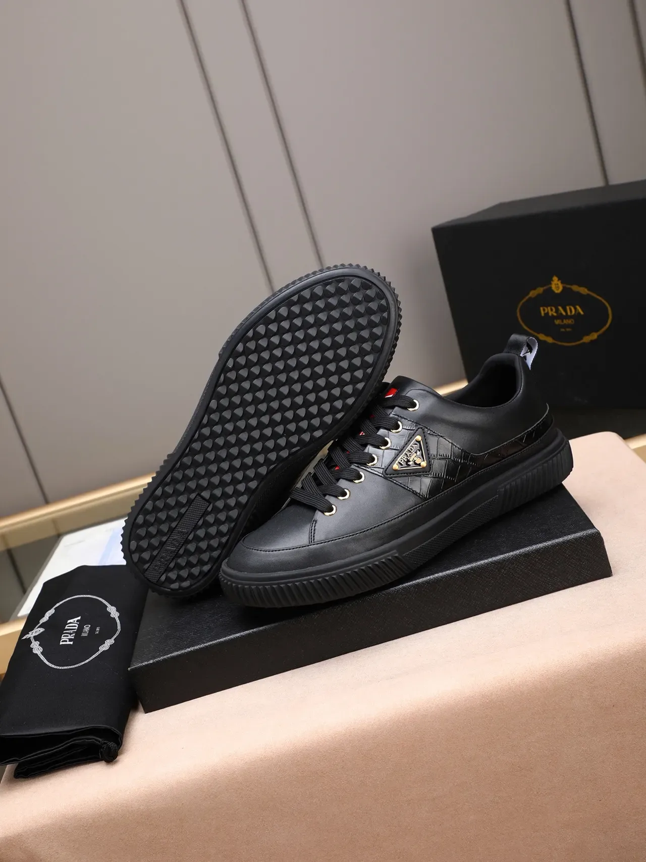 Prada Black Leather Triangular Logo Plaque Lifestyle Sneakers 5