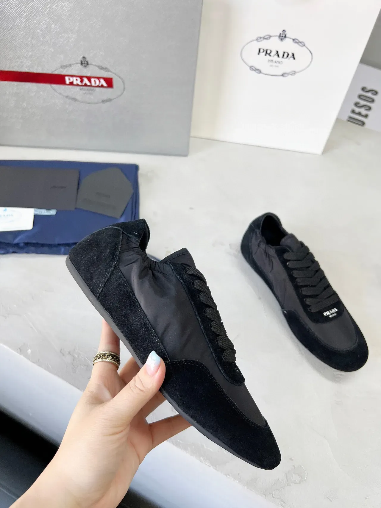 Prada Tênis Lifestyle Preto de Baixo Mistos de Camurça e Nylon 3