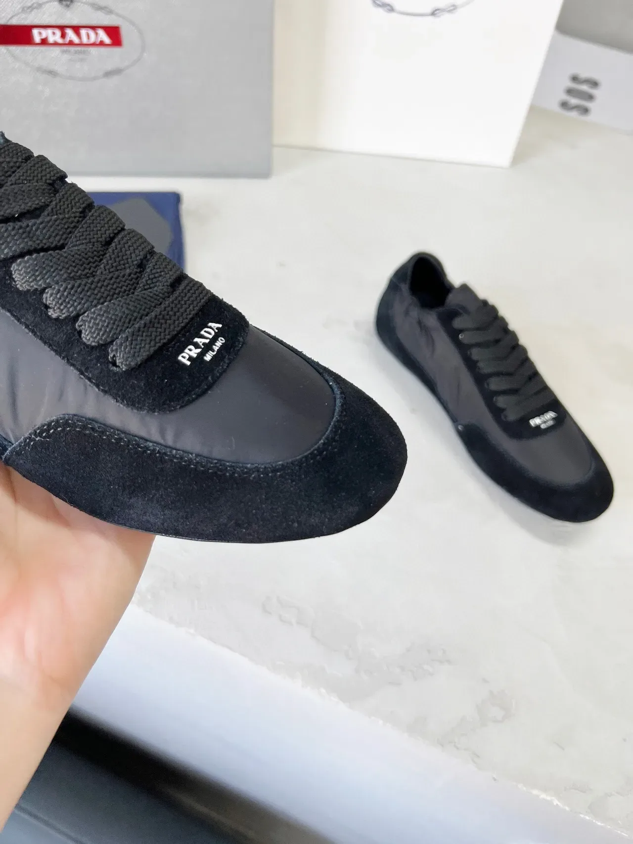 Prada Tênis Lifestyle Preto de Baixo Mistos de Camurça e Nylon 7