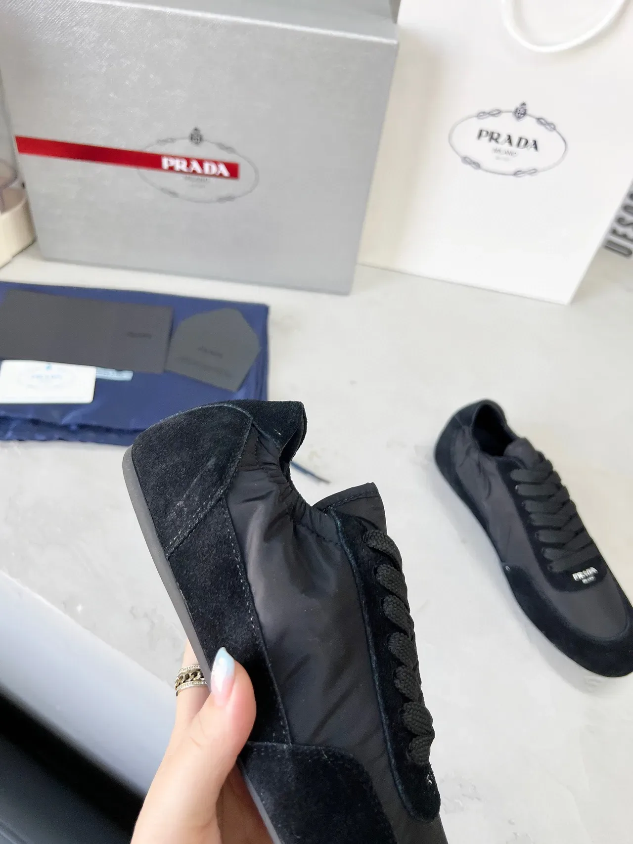 Prada Tênis Lifestyle Preto de Baixo Mistos de Camurça e Nylon 8