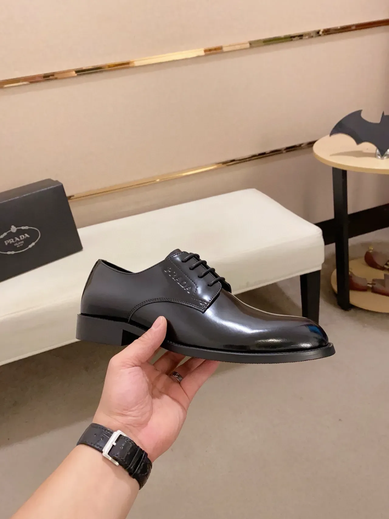 Prada Black Polished Leather Cap-Toe Oxford Shoes 5