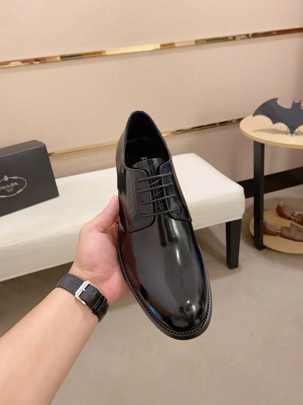 Prada Black Polished Leather Cap-Toe Oxford Shoes 6