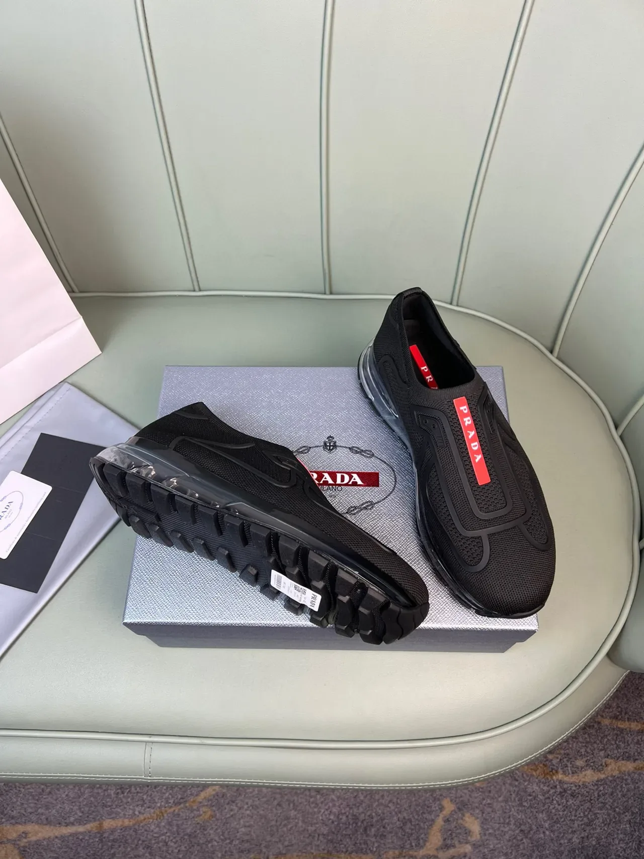 Prada Black Red Slip-On Mesh Upper Lifestyle Sneakers 6