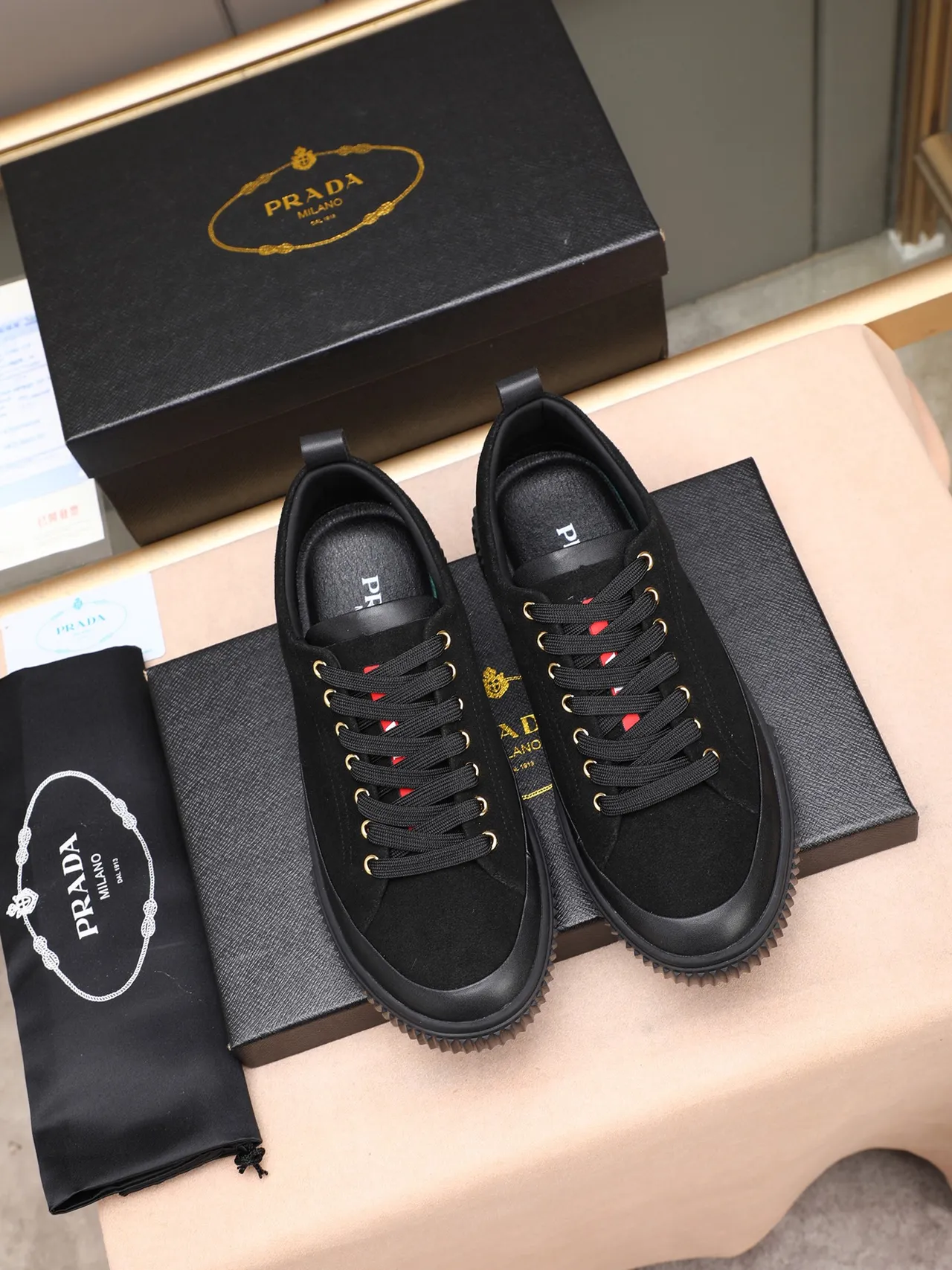 Prada Black Red Suede Upper Ridged Rubber Sole Lifestyle Sneakers 2