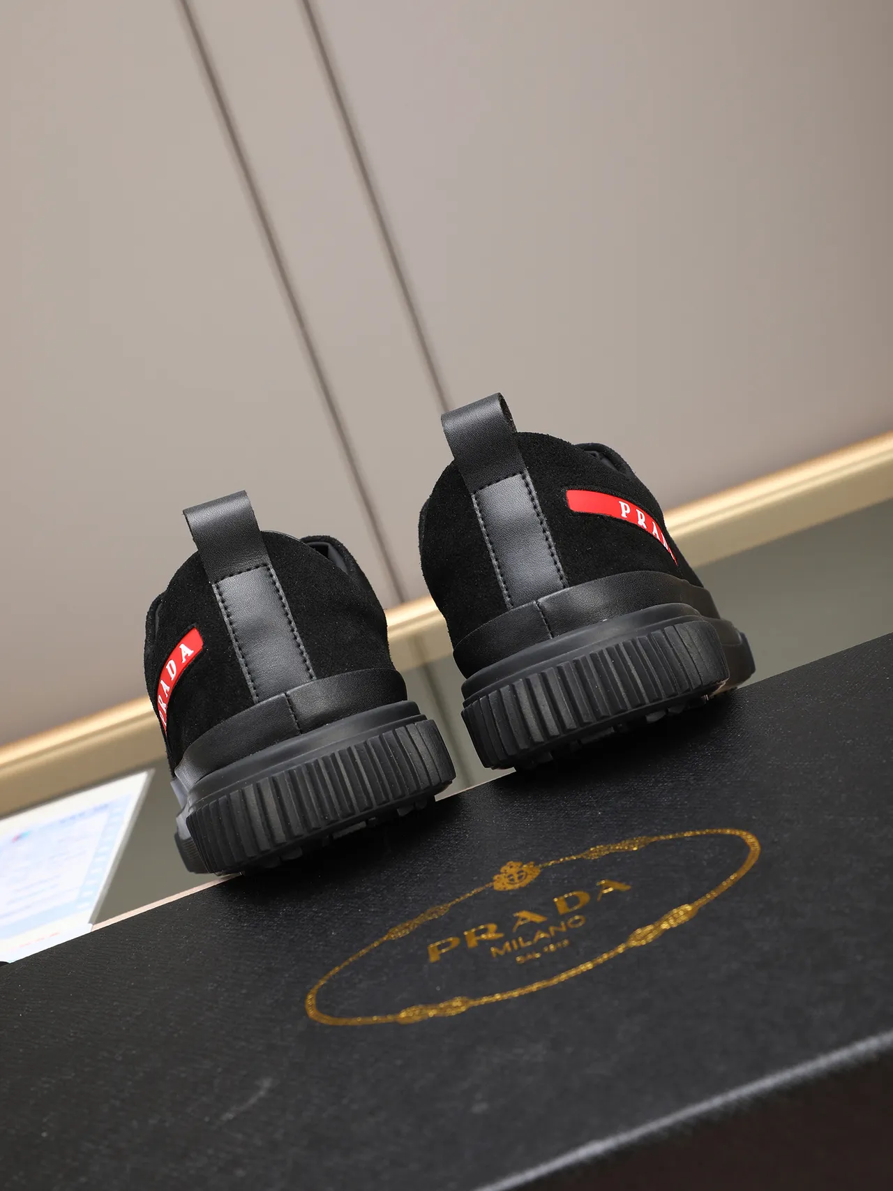 Prada Black Red Suede Upper Ridged Rubber Sole Lifestyle Sneakers 3