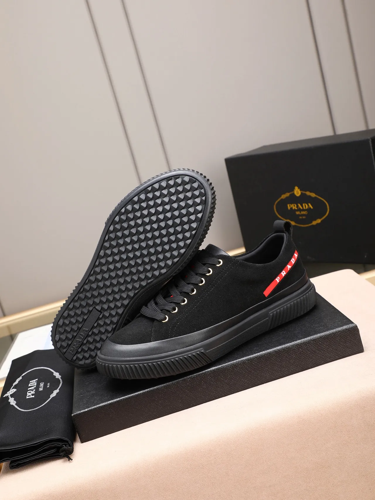 Prada Black Red Suede Upper Ridged Rubber Sole Lifestyle Sneakers 4