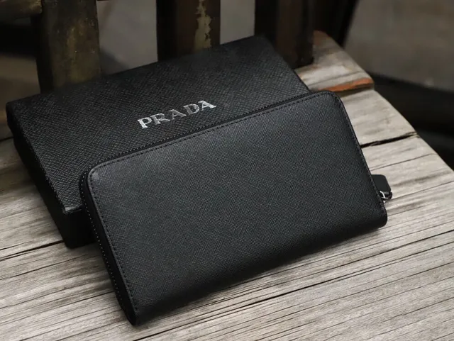 Prada Negro Saffiano Cuero Cuerpo Suave Solapa Superior Billetera Larga 7