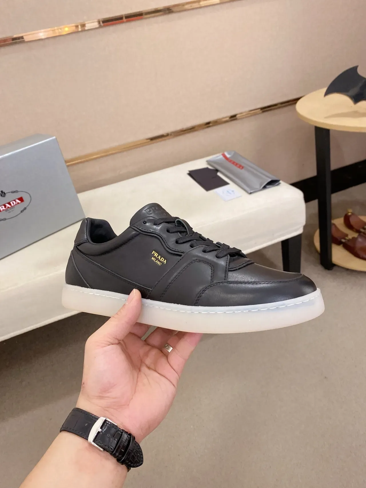 Prada Black White Leather Upper Minimalist Silhouette Lifestyle Sneakers 4