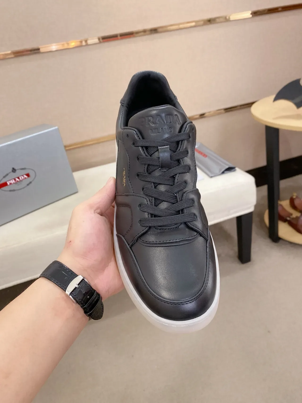 Prada Black White Leather Upper Minimalist Silhouette Lifestyle Sneakers 5