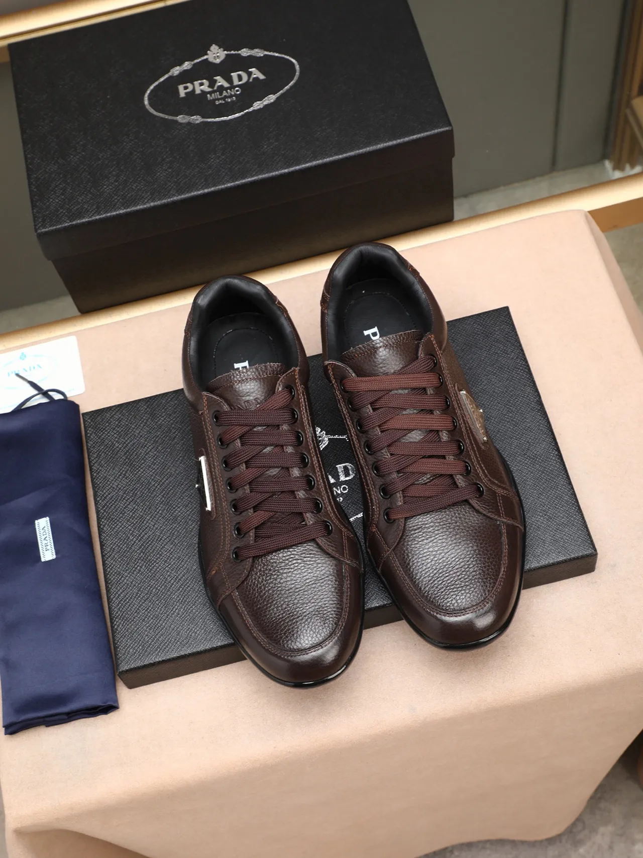 Prada Brown Pebbled Leather Lace-Up Casual Shoe 3