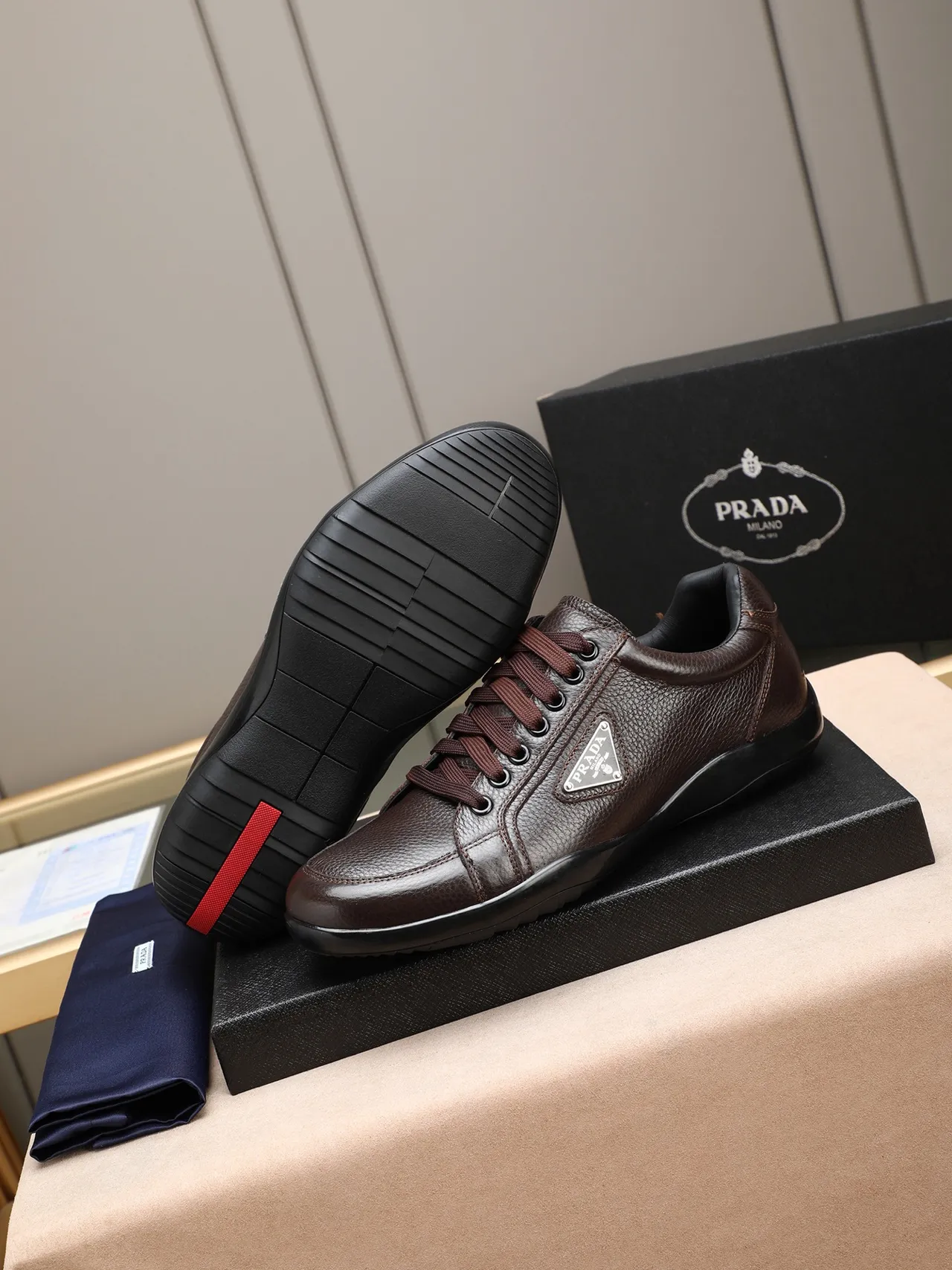 Prada Brown Pebbled Leather Lace-Up Casual Shoe 4
