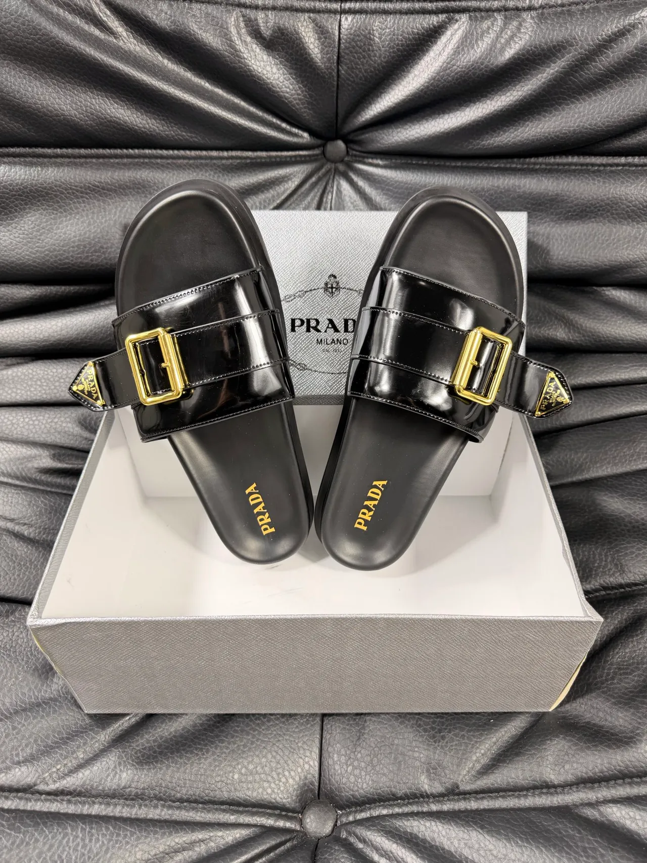 Prada Buckle Slide Black Patent Leather Slipper 3