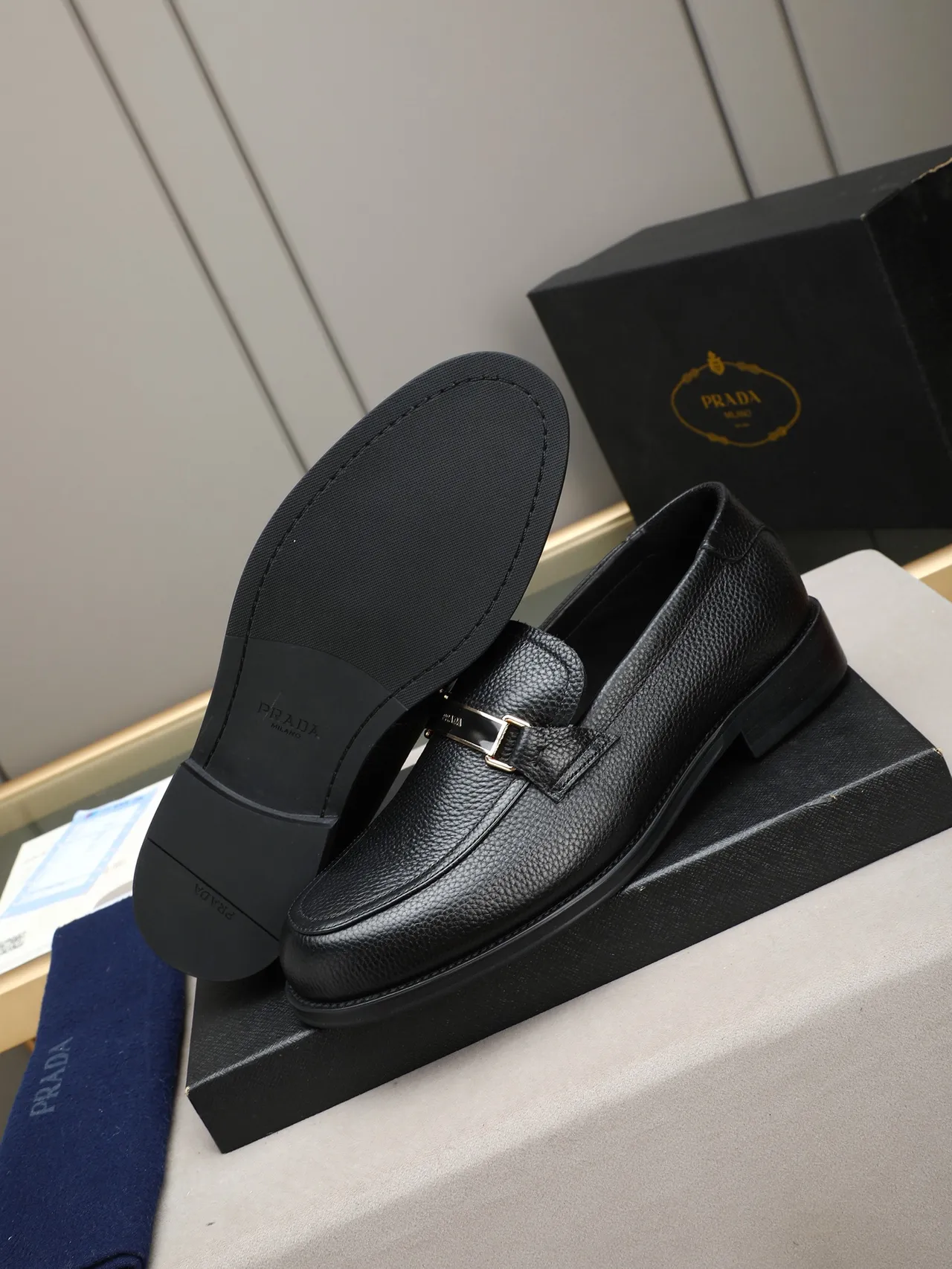 Prada Buckle Strap Loafer Black Pebbled Leather Loafer 4