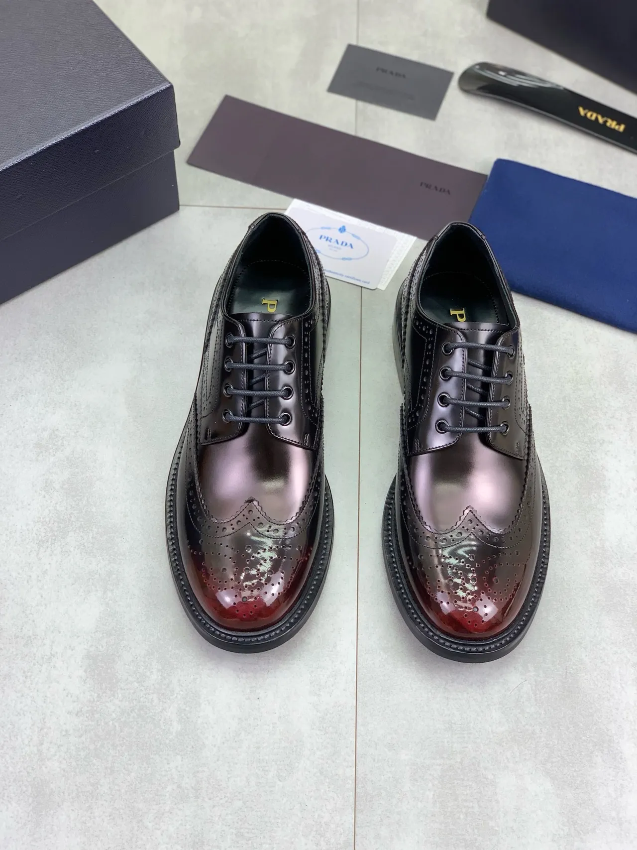 Prada Burgundy Black Wingtip Patent Leather Finish Brogue 5