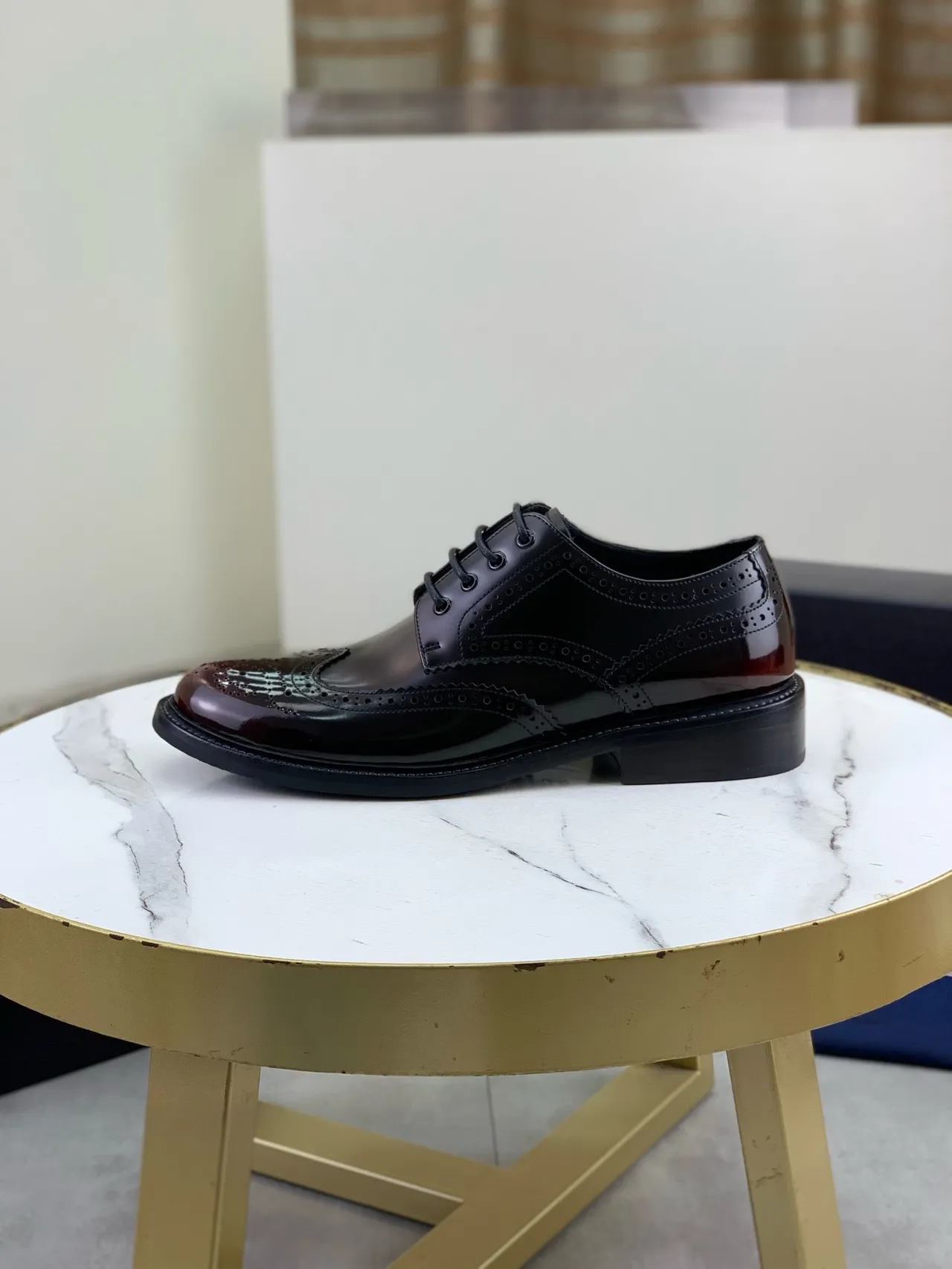 Prada Burgundy Black Wingtip Patent Leather Finish Brogue 6