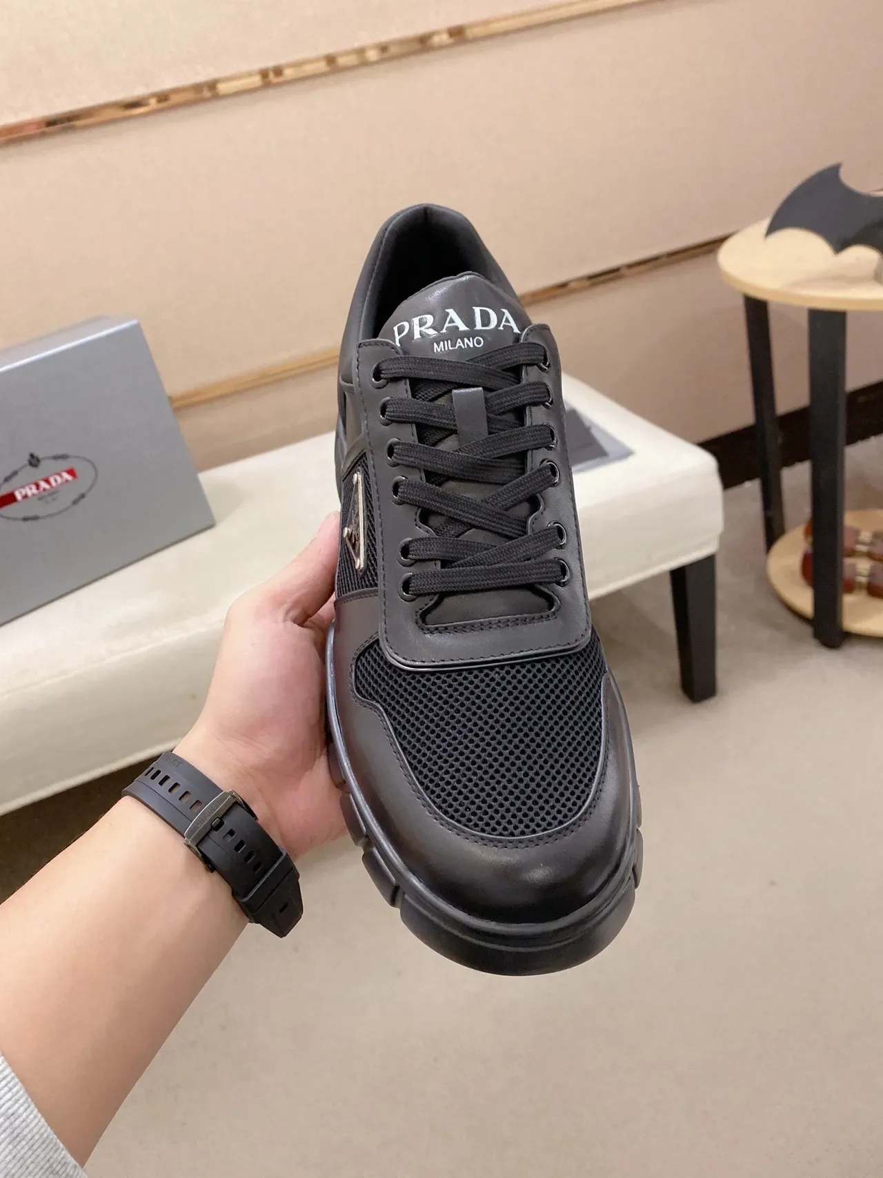 Prada Cloudbust Black Leather-Mesh Lifestyle Sneakers 2