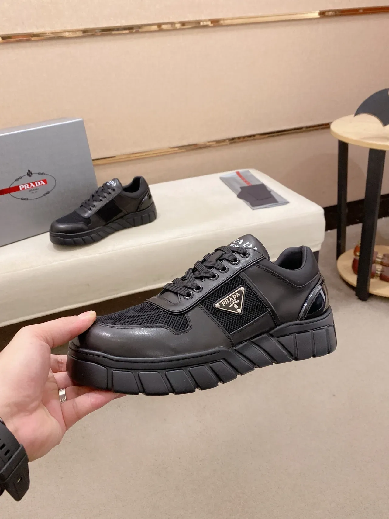 Prada Cloudbust Black Leather-Mesh Lifestyle Sneakers 4