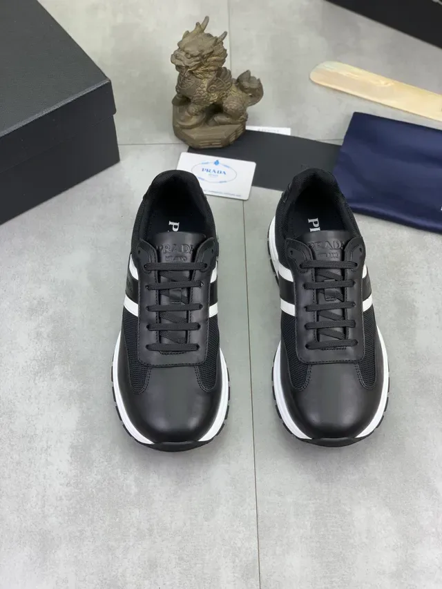 Prada Cloudbust Black White Leather-Mesh Hybrid Upper Three Side Stripes Lifestyle Sneakers 4