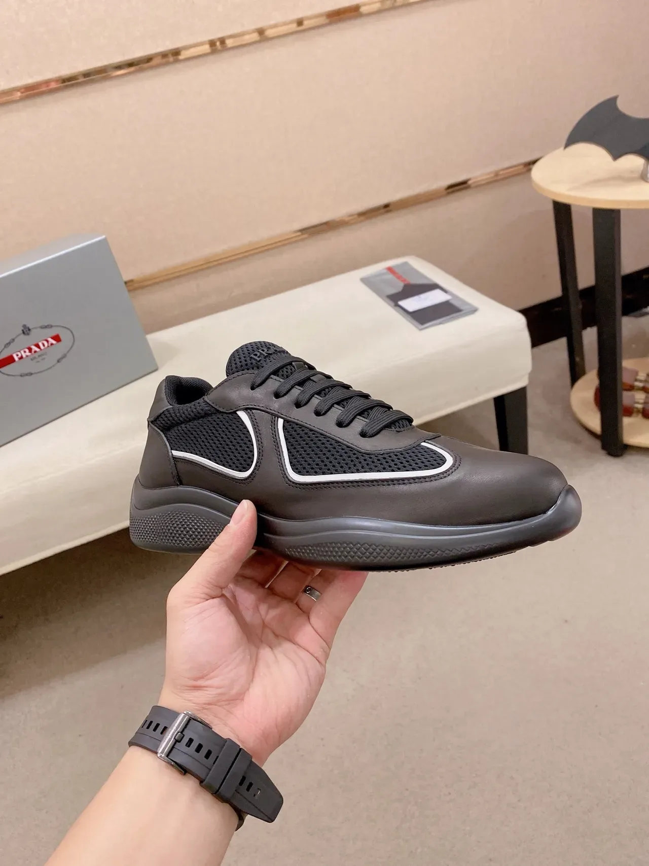 Prada Cloudbust Black White Mixed Leather And Mesh Upper Contrast Piping Lifestyle Sneakers 6