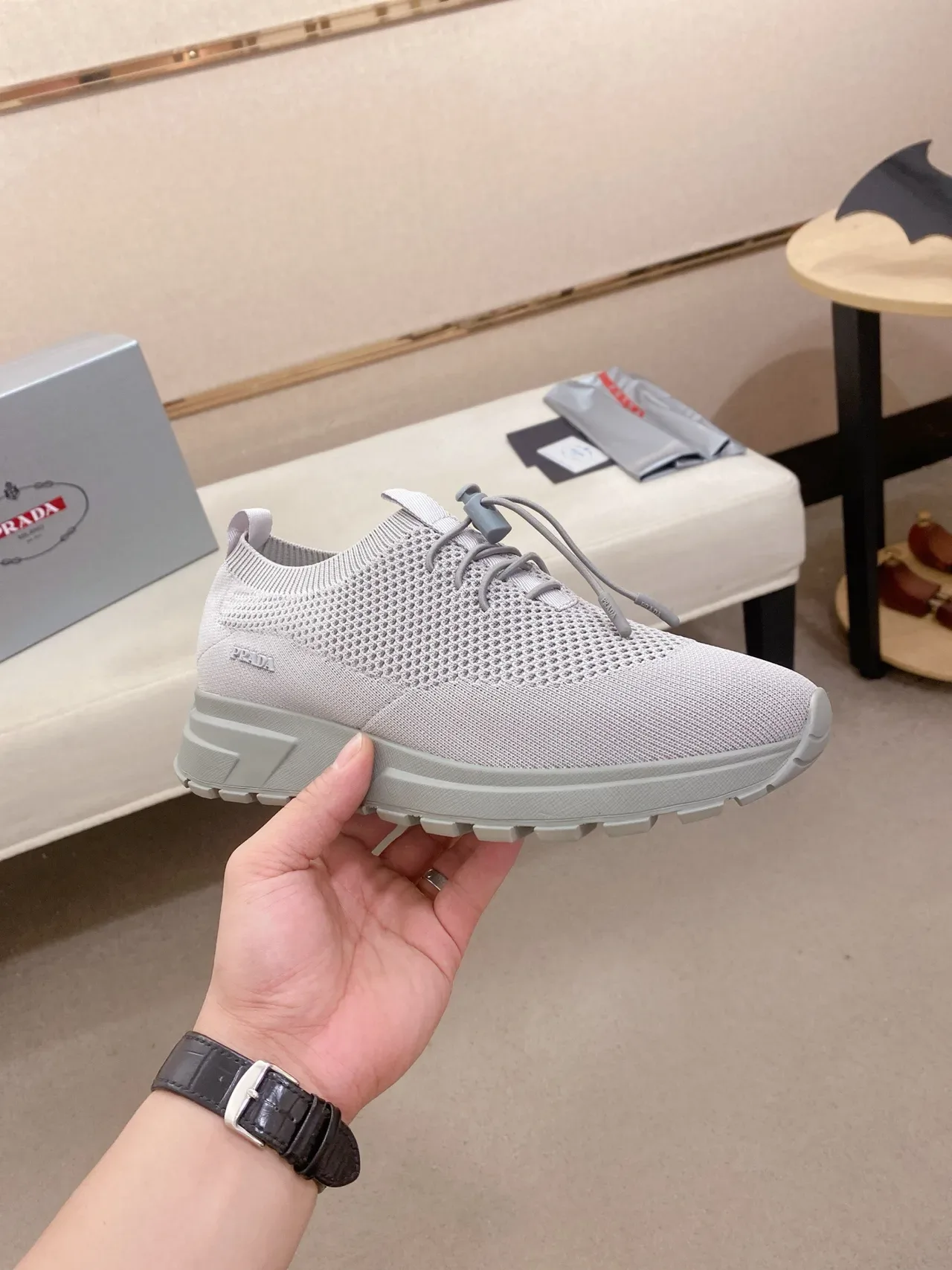 Prada Cloudbust Light Gray Knit Lifestyle Sneaker 4
