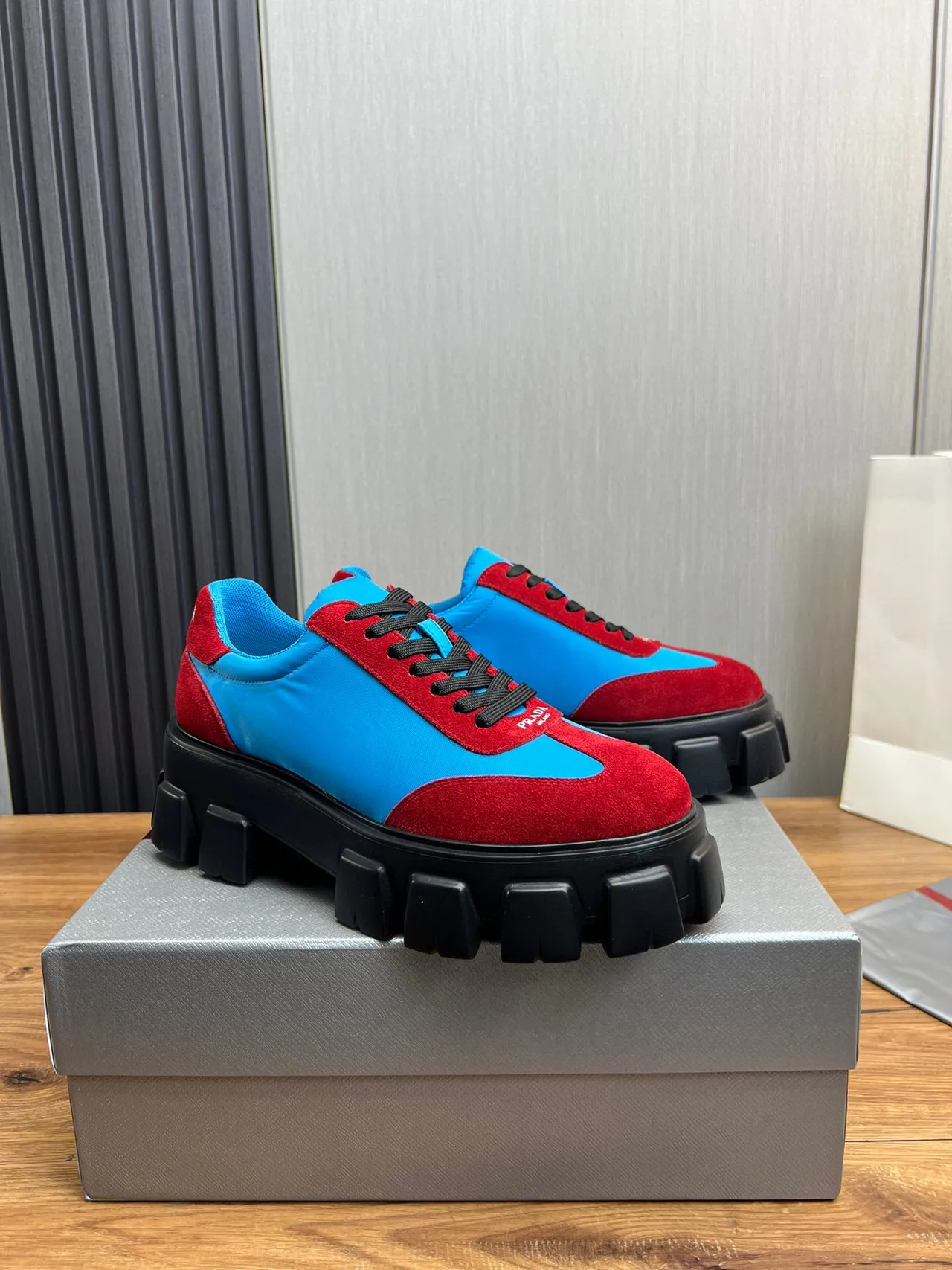 Prada Cloudbust Red and Blue Suede Nylon Chunky Sneakers 2