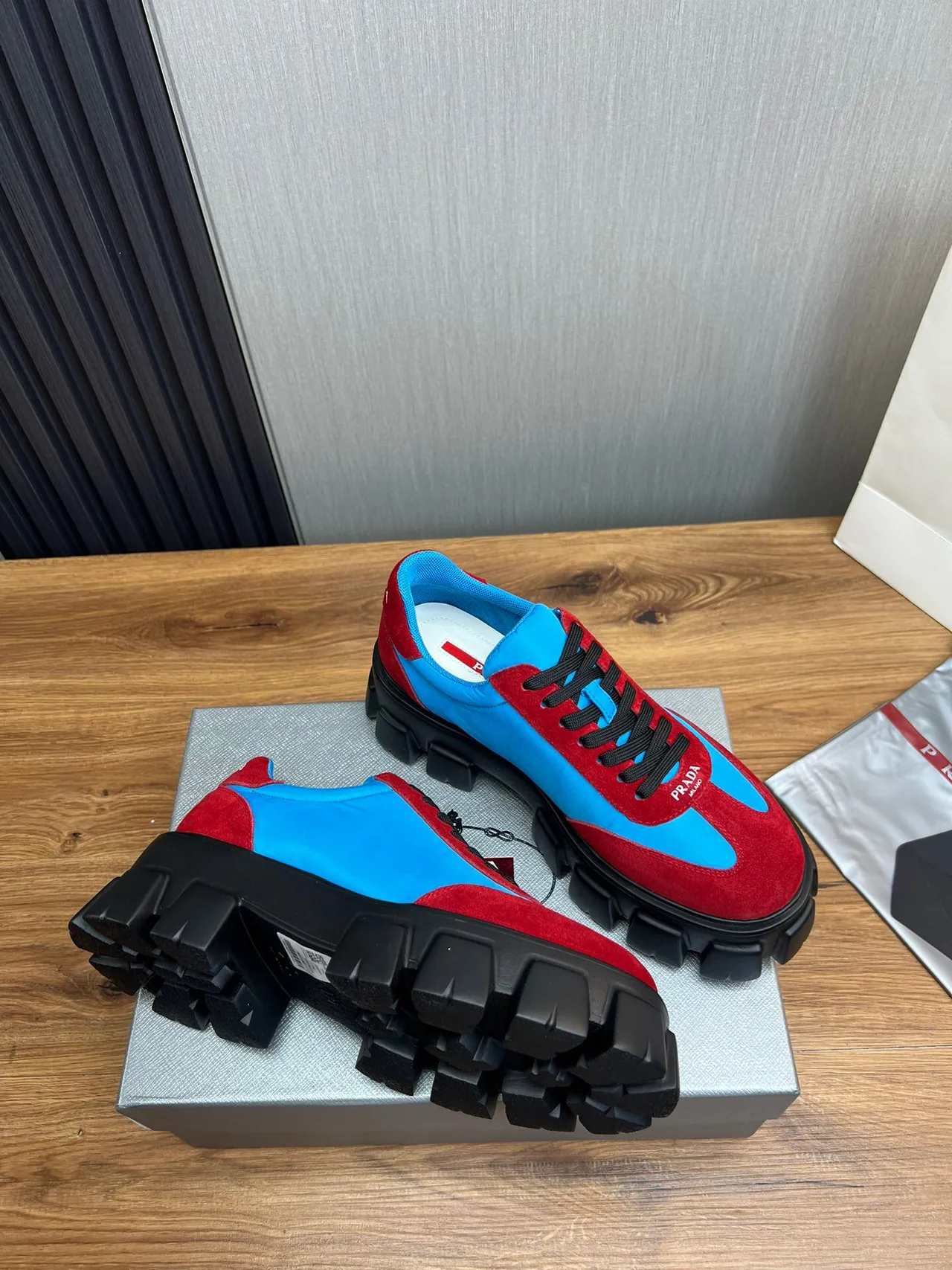 Prada Cloudbust Red and Blue Suede Nylon Chunky Sneakers 4