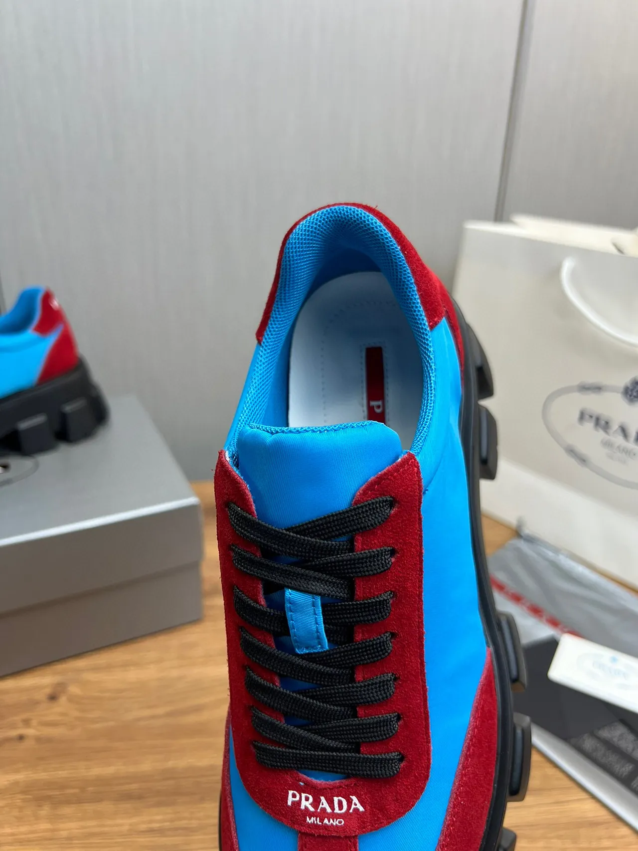 Prada Cloudbust Red and Blue Suede Nylon Chunky Sneakers 9