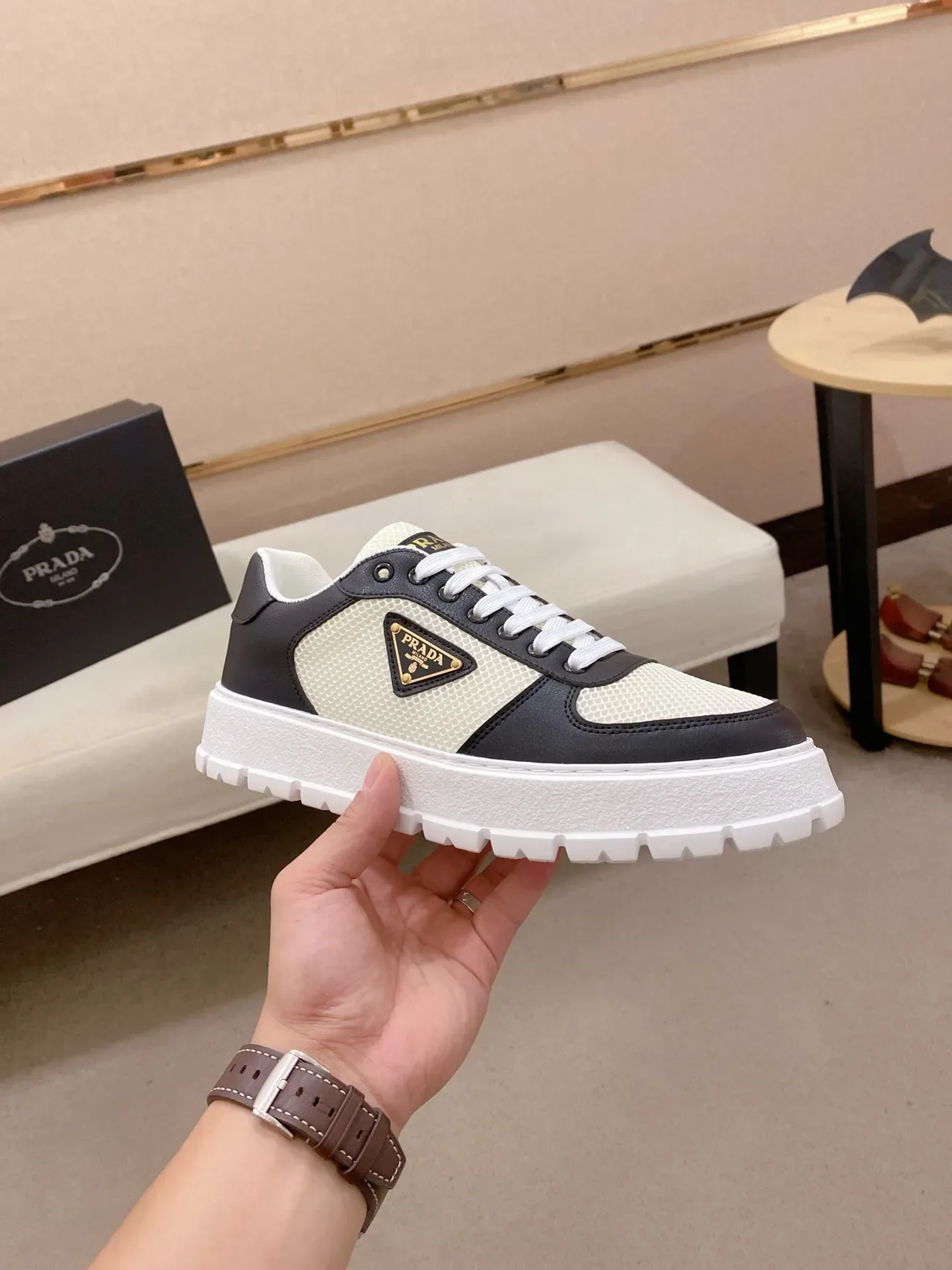 Prada Cloudbust Two-Tone Mesh and Leather Lifestyle Sneakers 4