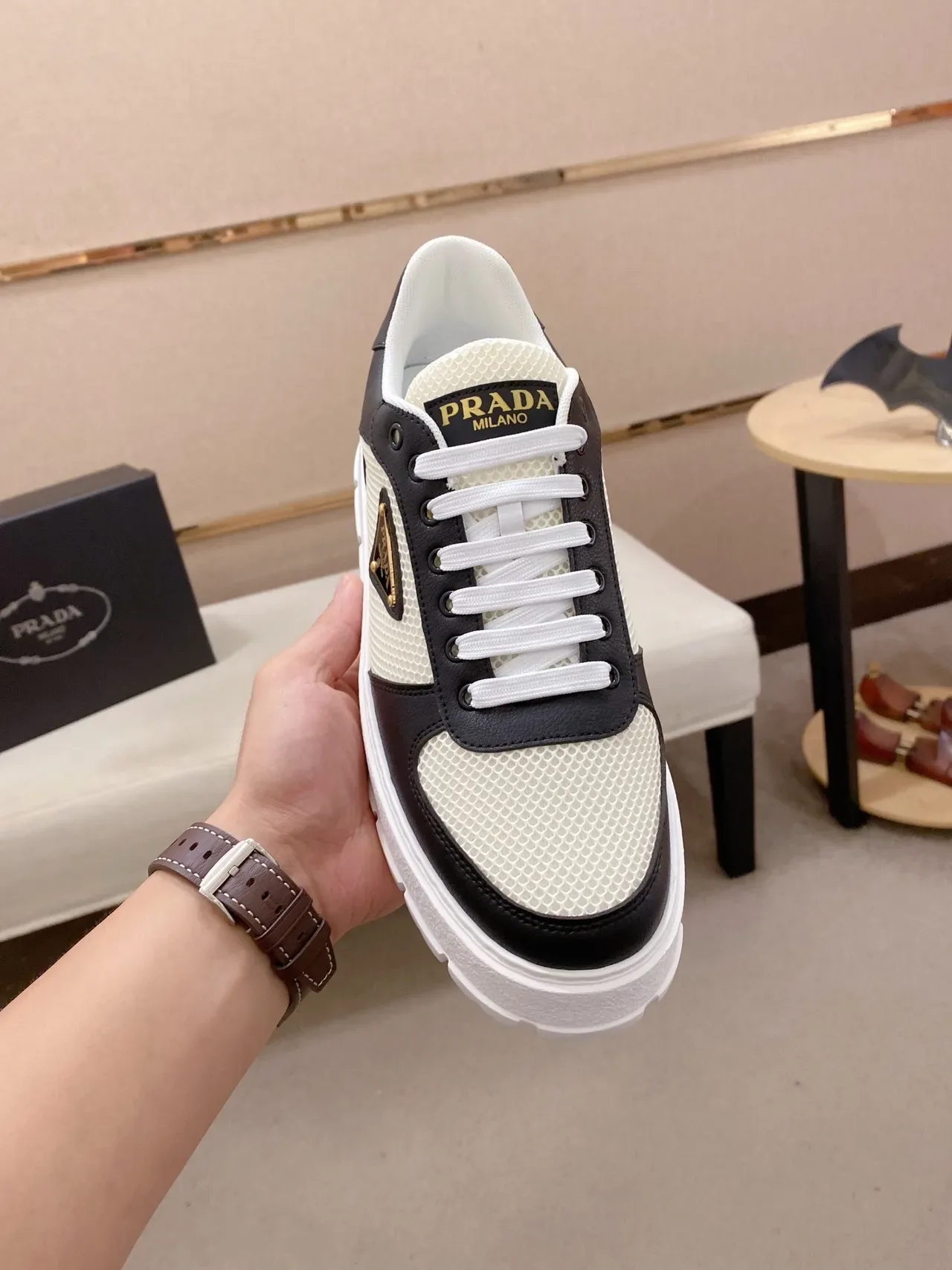 Prada Cloudbust Two-Tone Mesh and Leather Lifestyle Sneakers 5