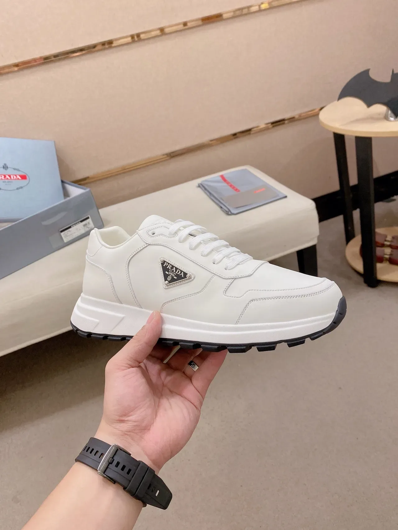 Prada Cloudbust White Black Leather Triangular Logo Plaque Lifestyle Sneakers 4
