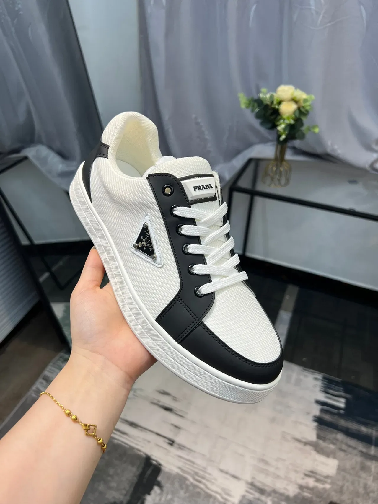 Prada Cloudbust White Black Ribbed Textile Upper Leather Contrast Panels Lifestyle Sneakers 7