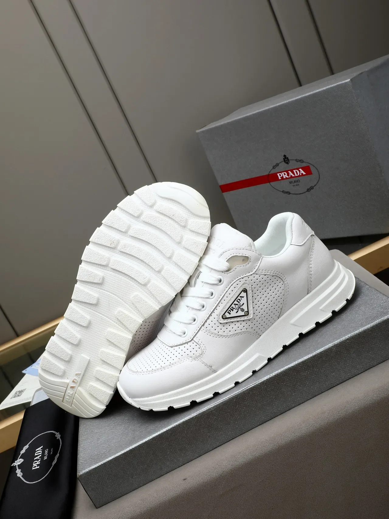Prada Cloudbust White Leather Perforated Side Panel Lifestyle Sneakers 3