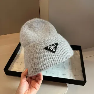 Prada Gray Black Ribbed Knit Folded Cuff Beanie