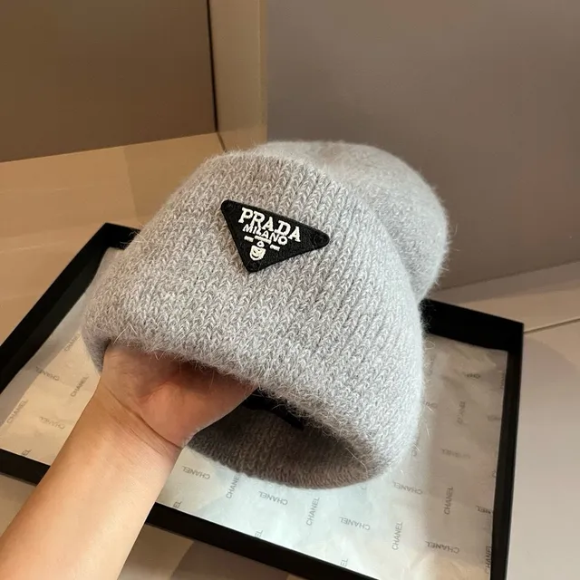 Prada Gray Black Ribbed Knit Folded Cuff Beanie 3