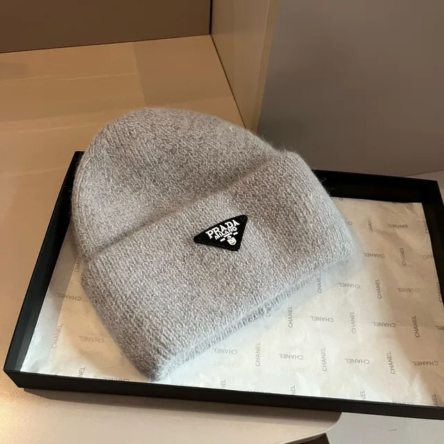 Prada Gray Black Ribbed Knit Folded Cuff Beanie 4