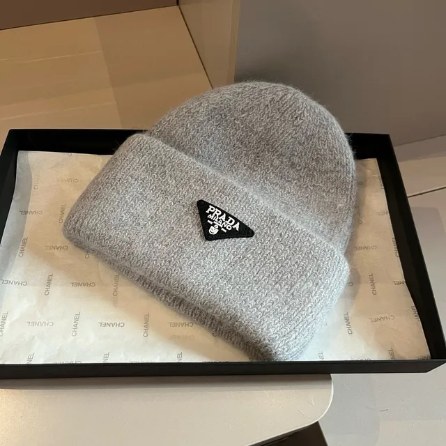 Prada Gray Black Ribbed Knit Folded Cuff Beanie 6