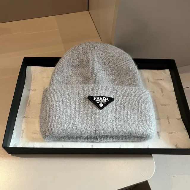 Prada Gray Black Ribbed Knit Folded Cuff Beanie 7