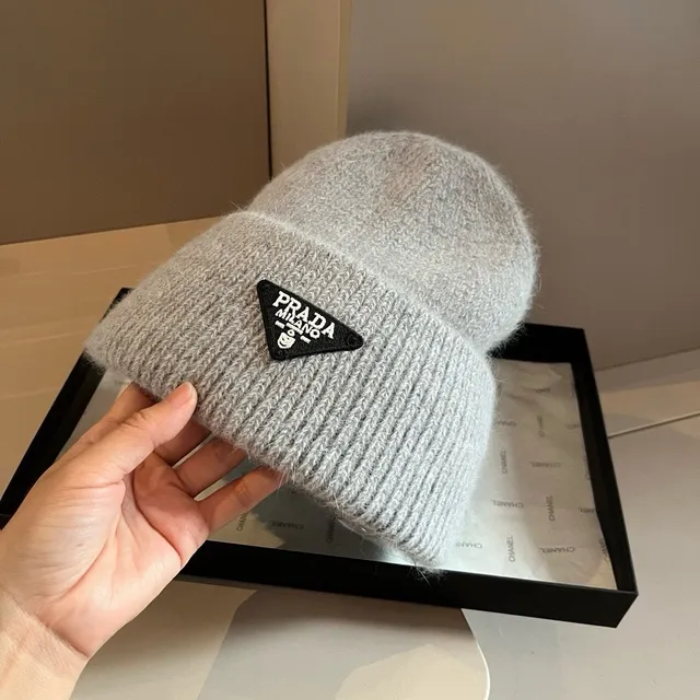 Prada Gray Black Ribbed Knit Folded Cuff Beanie 8