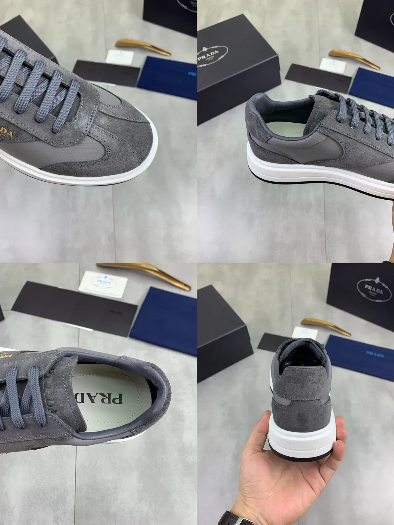 Prada Gray White Mixed-Material Upper Suede And Nylon Paneling Lifestyle Sneakers 2