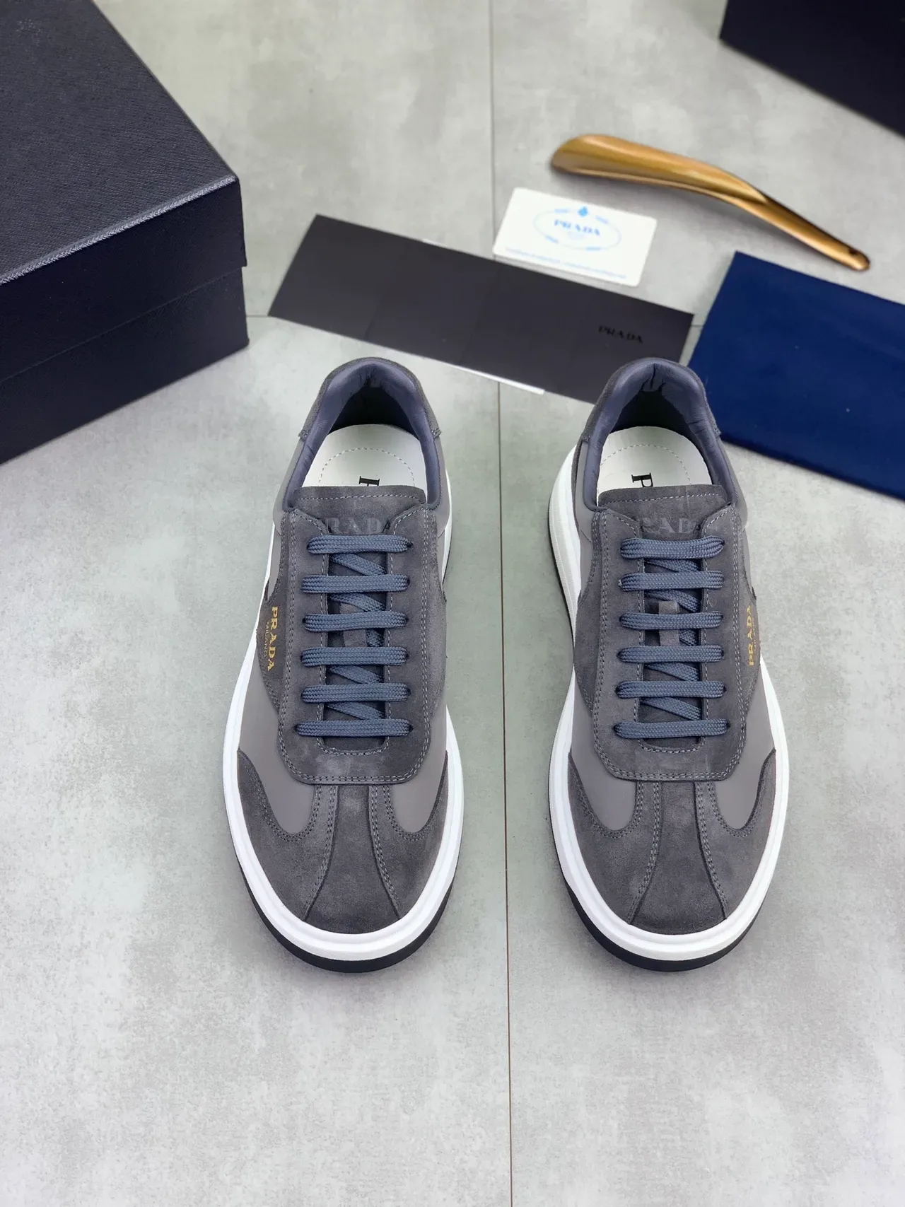 Prada Gray White Mixed-Material Upper Suede And Nylon Paneling Lifestyle Sneakers 4