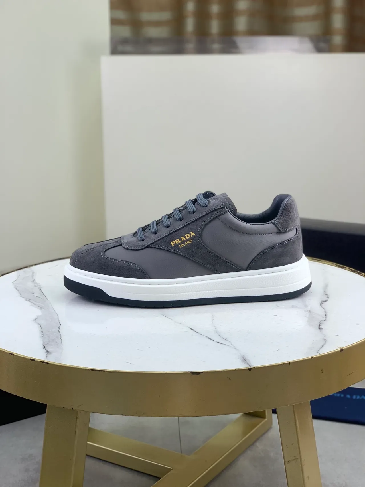 Prada Gray White Mixed-Material Upper Suede And Nylon Paneling Lifestyle Sneakers 5