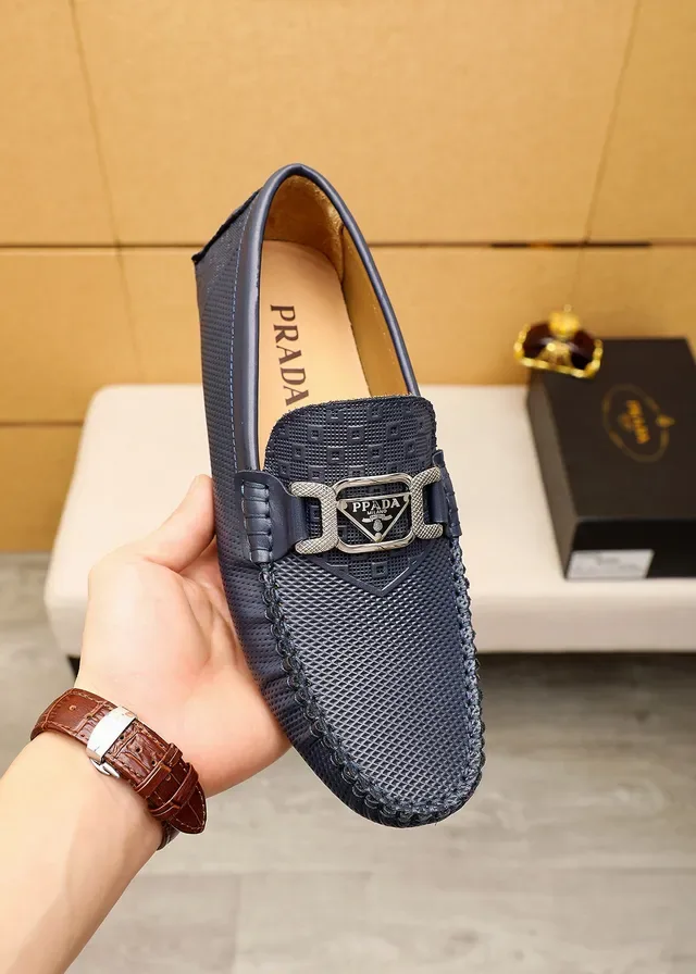 Prada Horsebit Buckle Loafer Navy Beige Perforated Leather Loafer 2