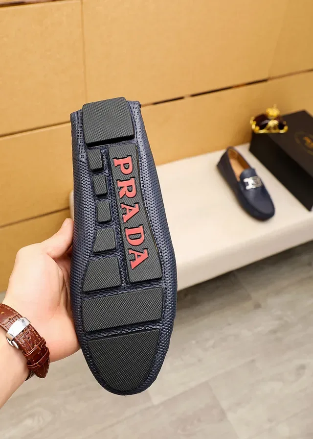 Prada Horsebit Buckle Loafer Navy Beige Perforated Leather Loafer 3