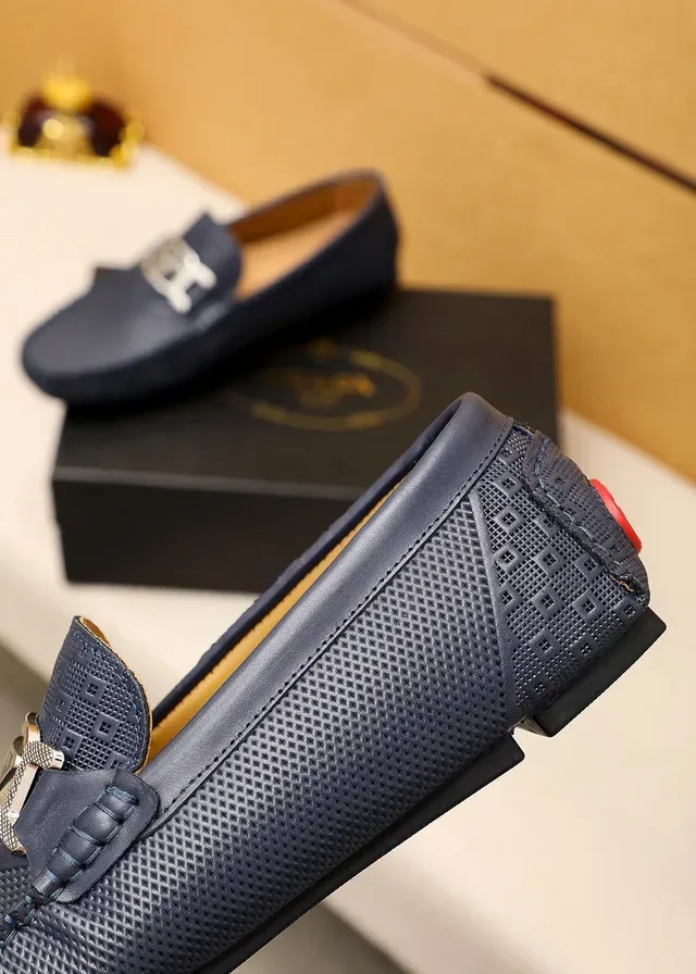 Prada Horsebit Buckle Loafer Navy Beige Perforated Leather Loafer 4