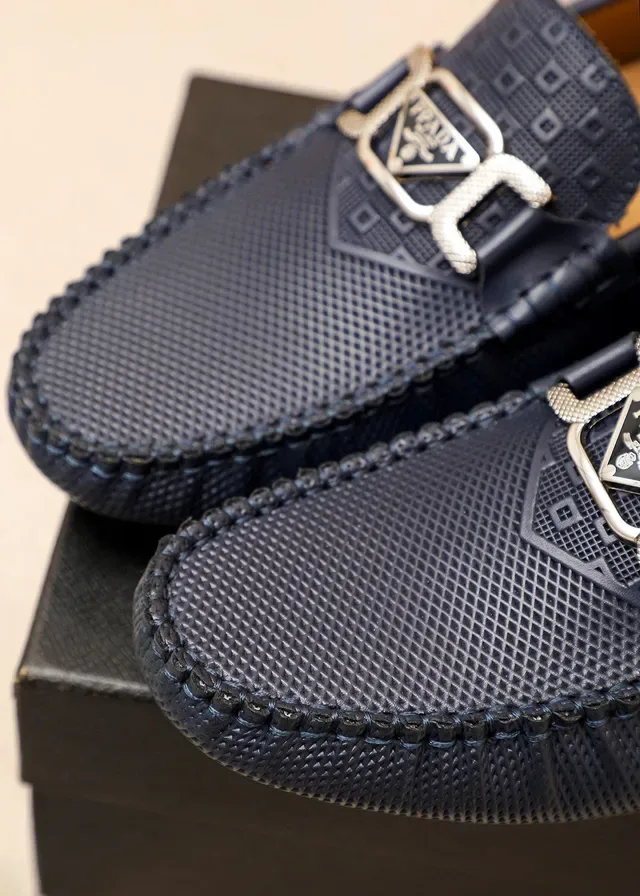 Prada Horsebit Buckle Loafer Navy Beige Perforated Leather Loafer 5