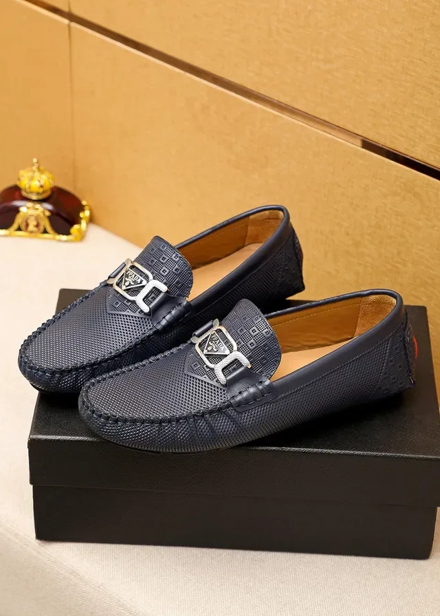 Prada Horsebit Buckle Loafer Navy Beige Perforated Leather Loafer 7