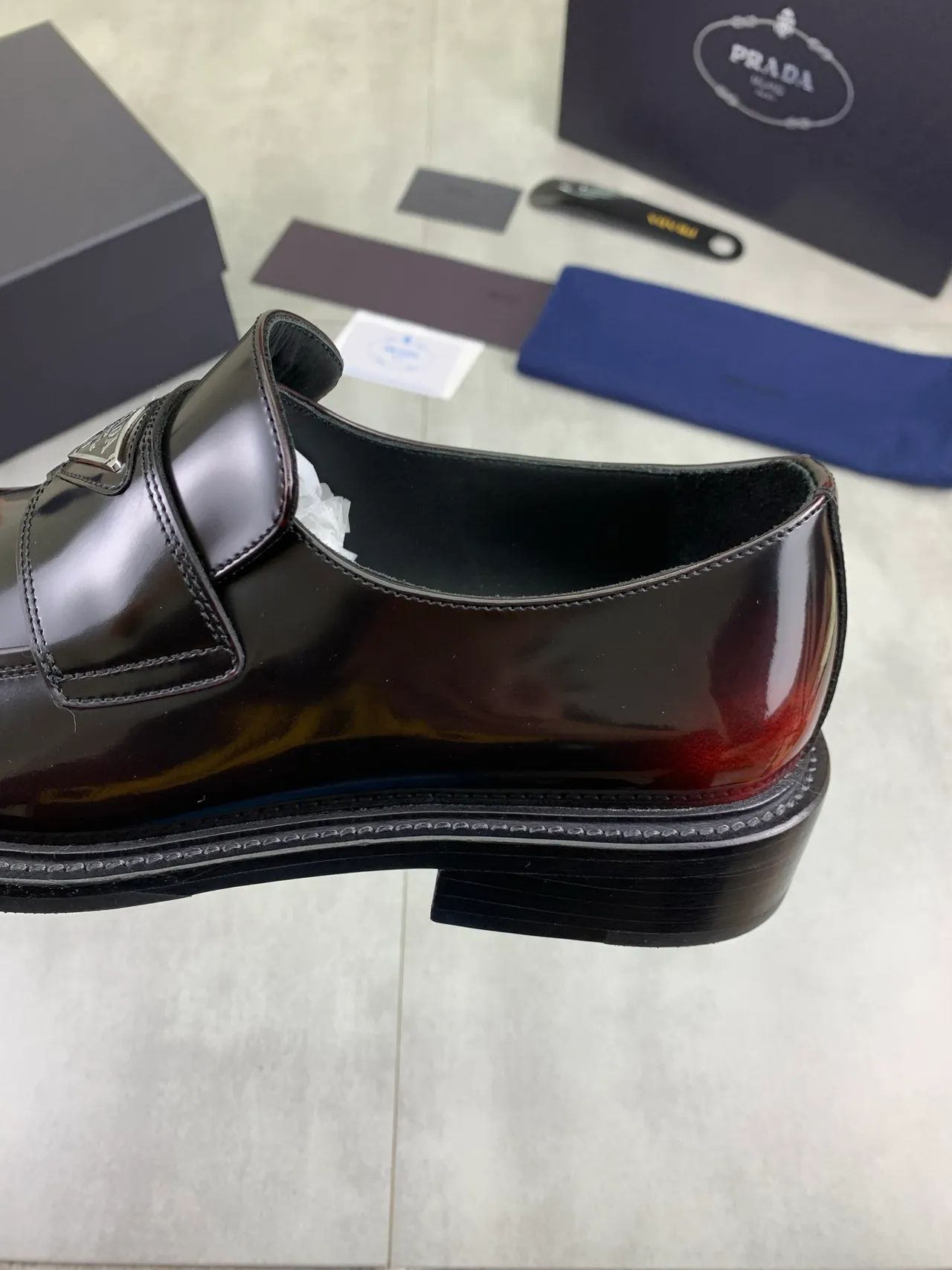 Prada Loafer Black and Burgundy Patent Leather Loafer 5
