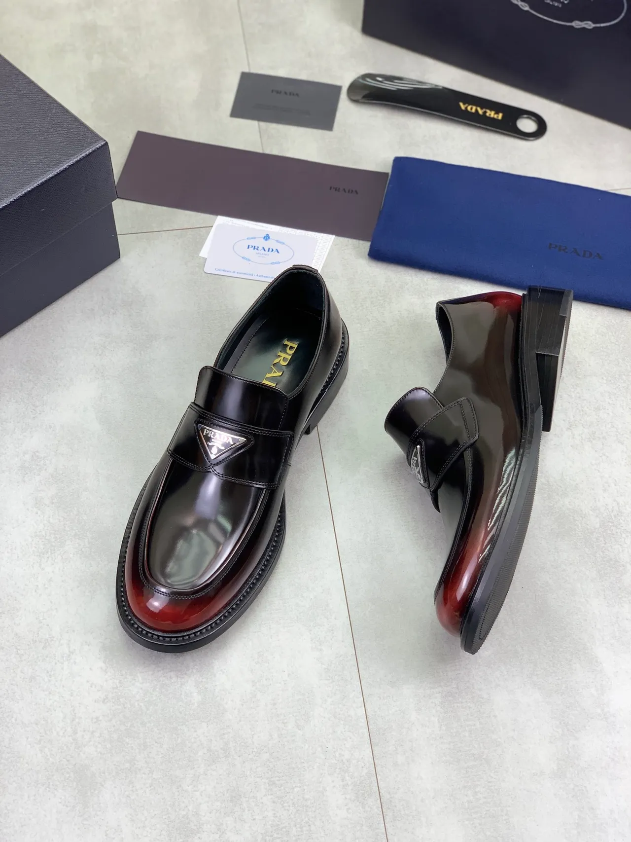 Prada Loafer Black and Burgundy Patent Leather Loafer 6