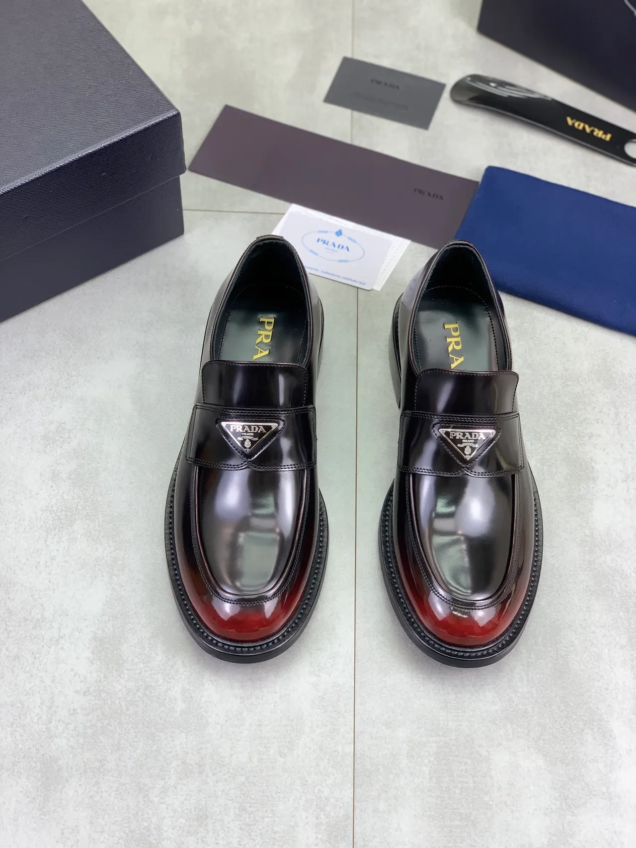 Prada Loafer Black and Burgundy Patent Leather Loafer 7