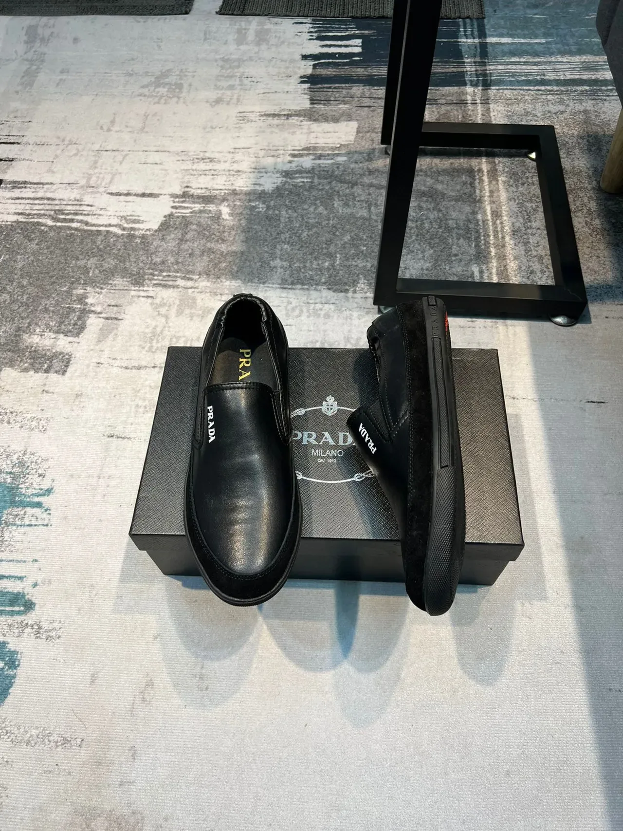 Prada Loafer Black Leather Slip-On Moc-Toe Stitching Loafer 4